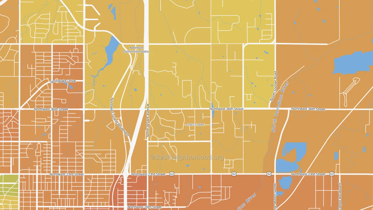 Map of the best neighborhoods in the Forest Park area, with better matches in green and worse matches in red