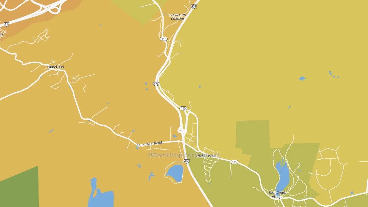 Map of the best neighborhoods in the Forest Park area, with better matches in green and worse matches in red
