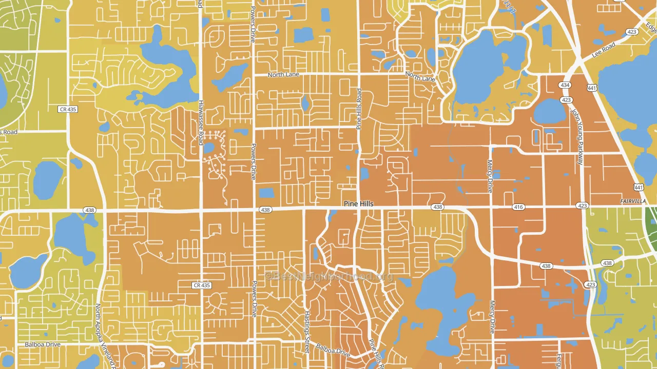 Map of the best neighborhoods in the Forest Park, Pine Hills area, with better matches in green and worse matches in red