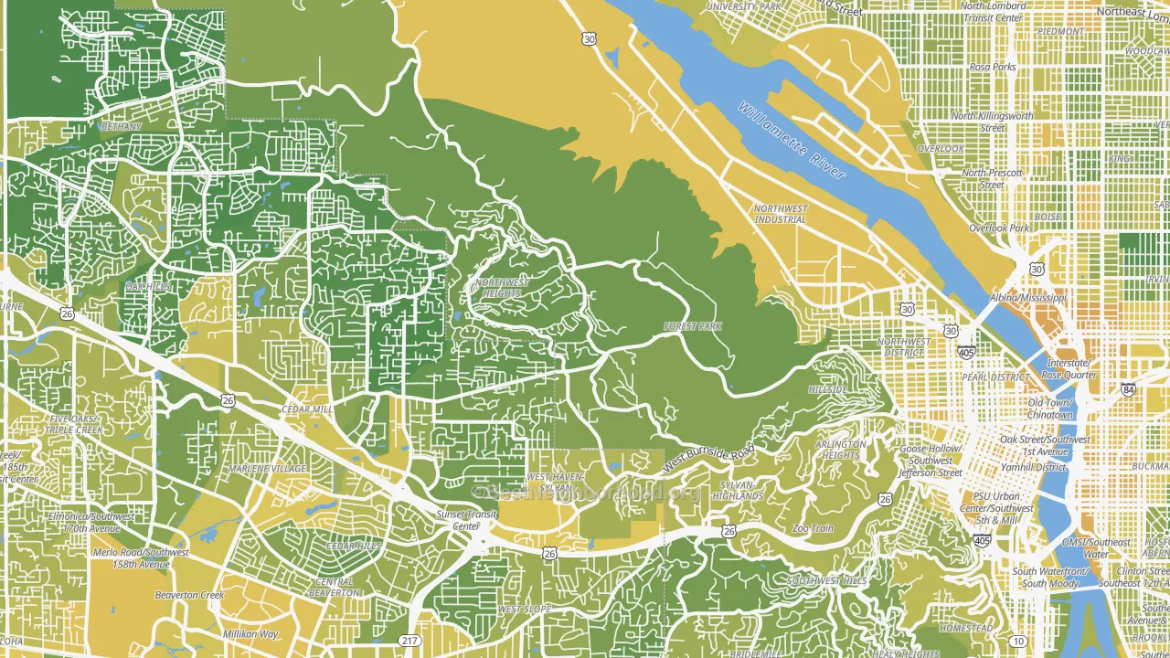 Map of the best neighborhoods in the Forest Park, Portland area, with better matches in green and worse matches in red