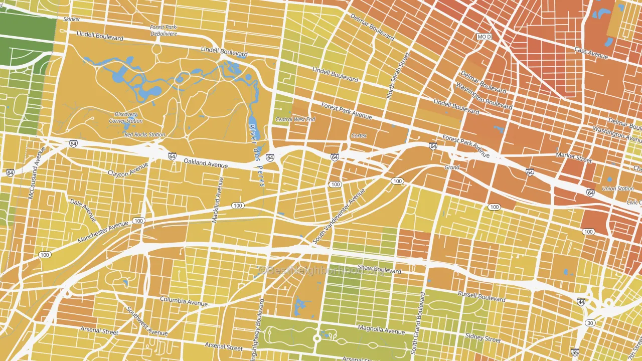 Map of the best neighborhoods in the Forest Park Southeast, St. Louis area, with better matches in green and worse matches in red