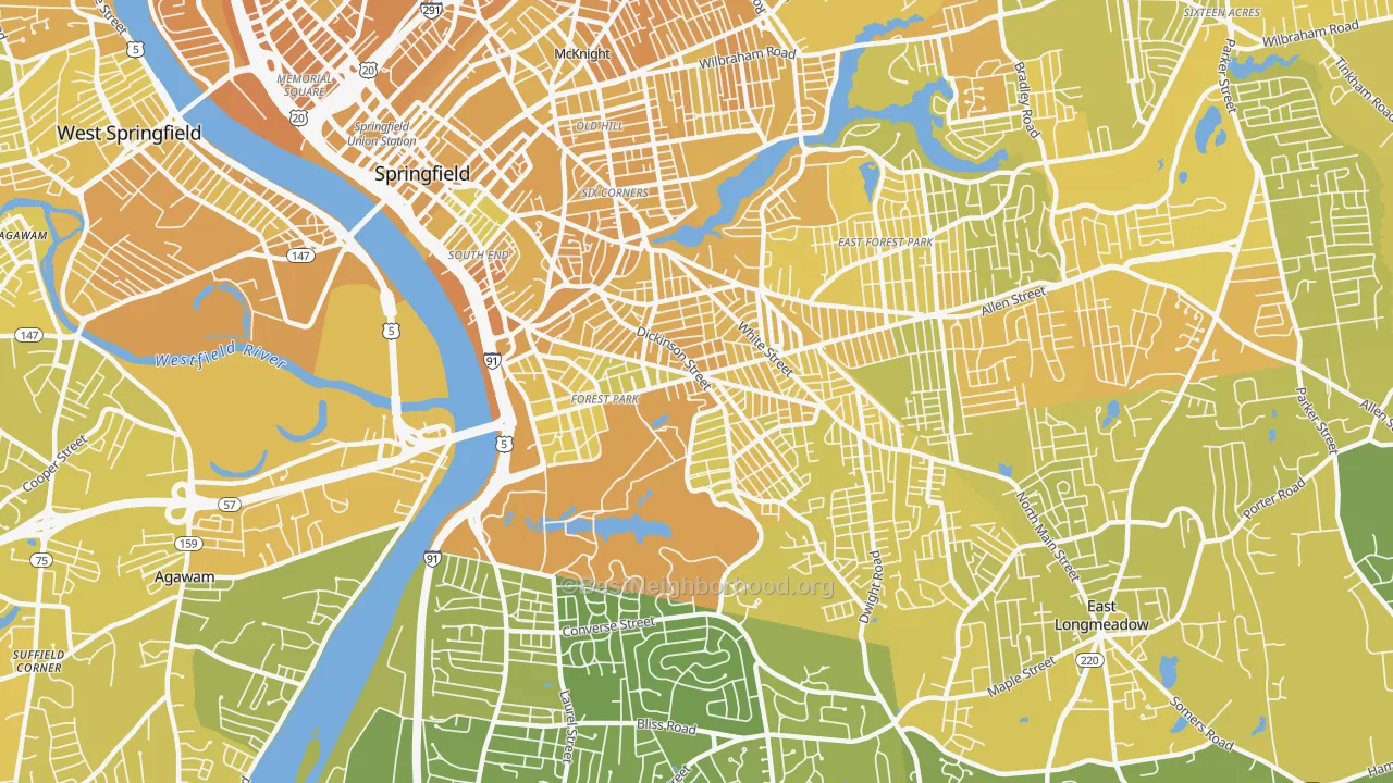 Map of the best neighborhoods in the Forest Park, Springfield area, with better matches in green and worse matches in red