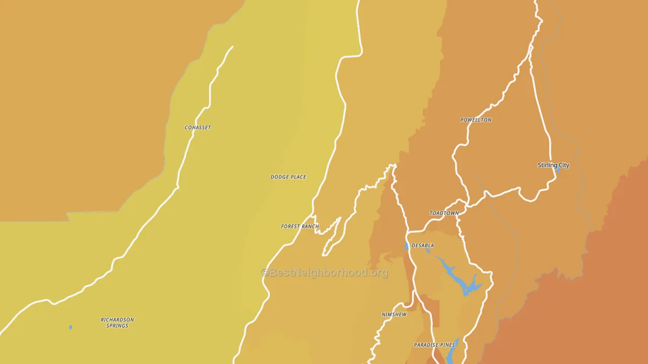 Map of the best neighborhoods in the Forest Ranch area, with better matches in green and worse matches in red