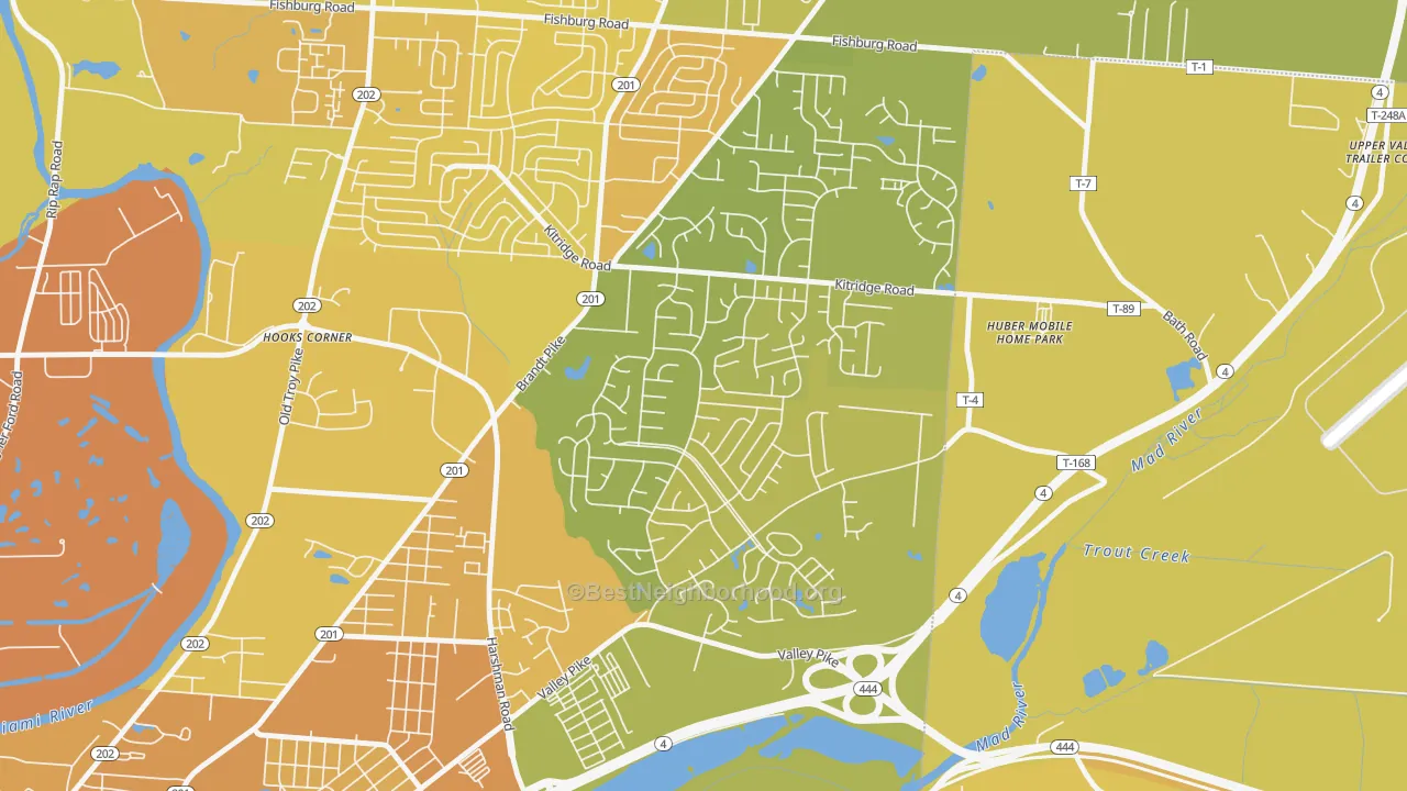Map of the best neighborhoods in the Forest Ridge-Quail Hollow, Dayton area, with better matches in green and worse matches in red