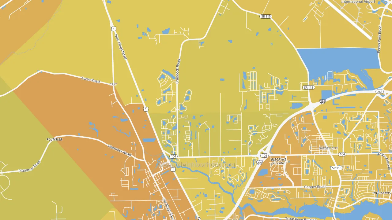 Map of the best neighborhoods in the Forest Trails, Jacksonville area, with better matches in green and worse matches in red