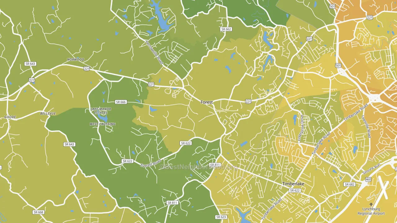 Map of the best neighborhoods in the Forest area, with better matches in green and worse matches in red
