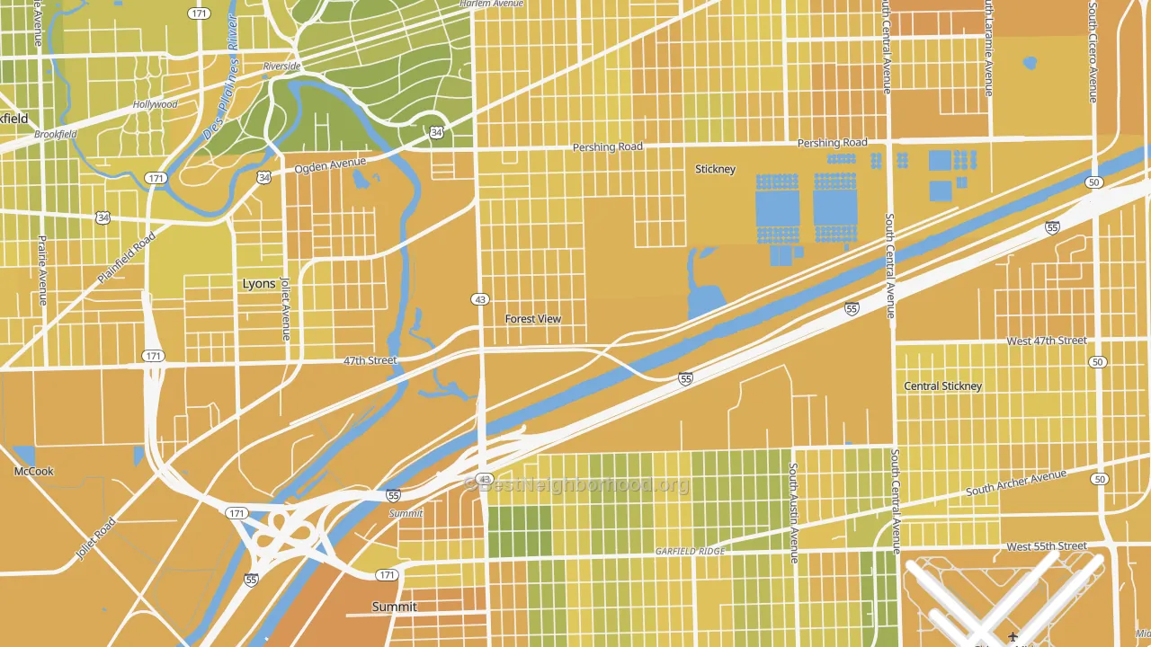 Map of the best neighborhoods in the Forest View area, with better matches in green and worse matches in red