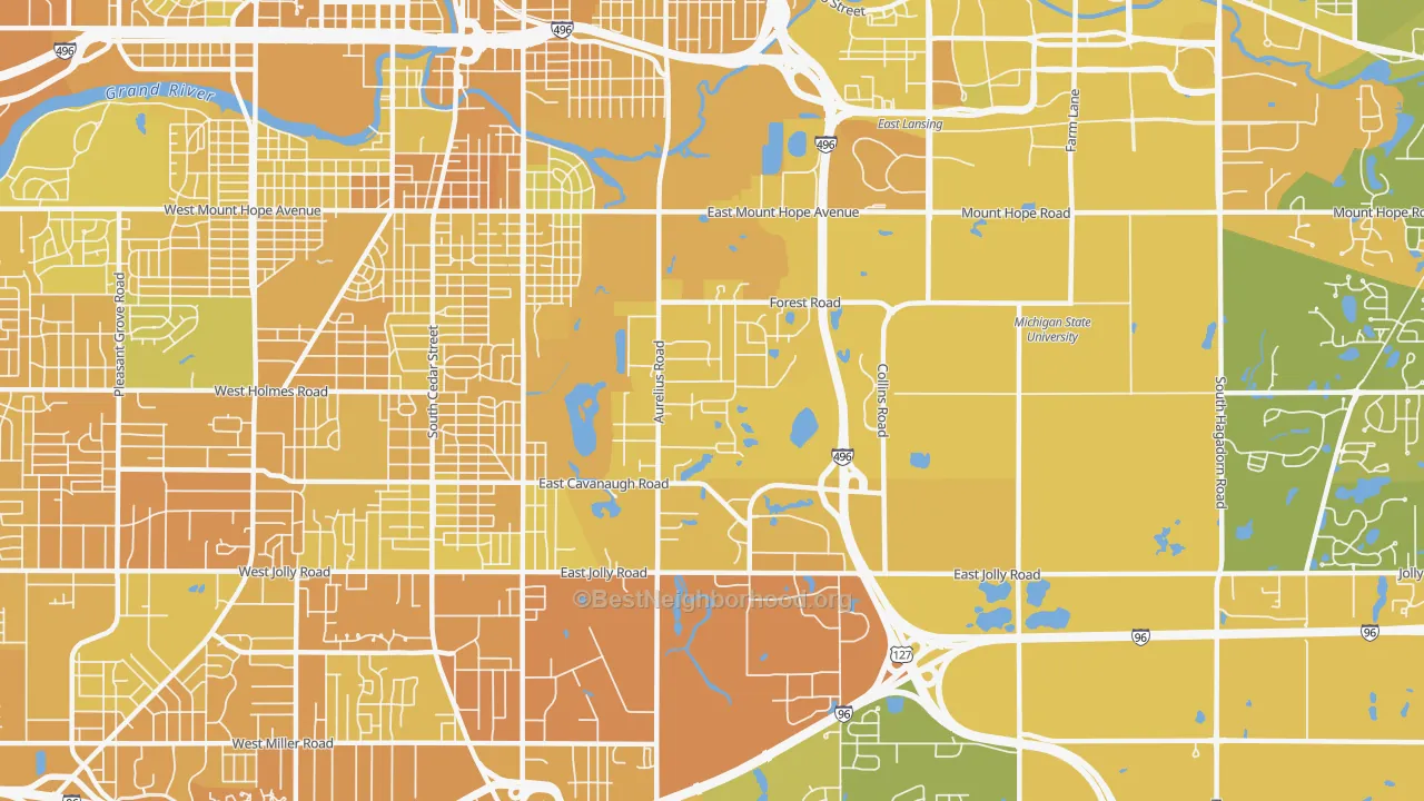 Map of the best neighborhoods in the Forest View, Lansing area, with better matches in green and worse matches in red
