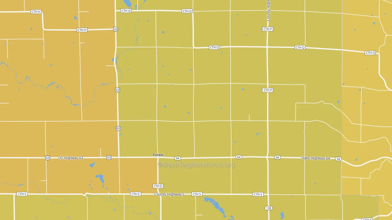 Map of the best neighborhoods in the Forest area, with better matches in green and worse matches in red