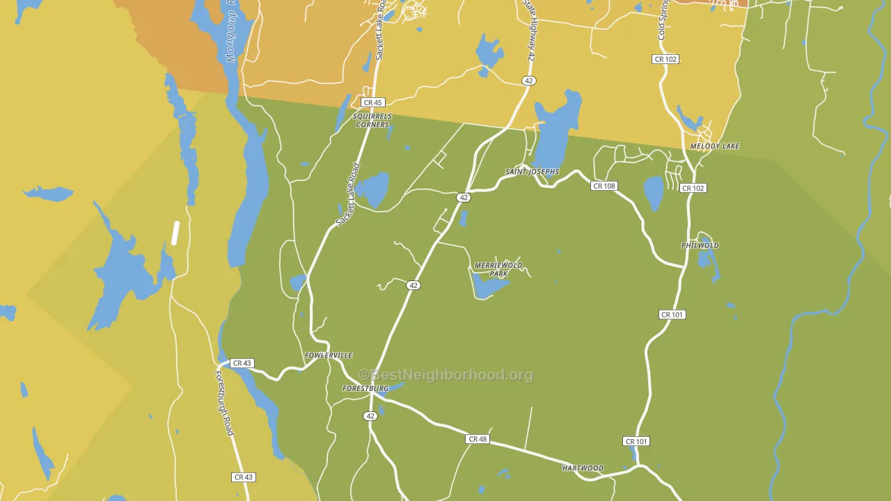 Map of the best neighborhoods in the Forestburgh area, with better matches in green and worse matches in red