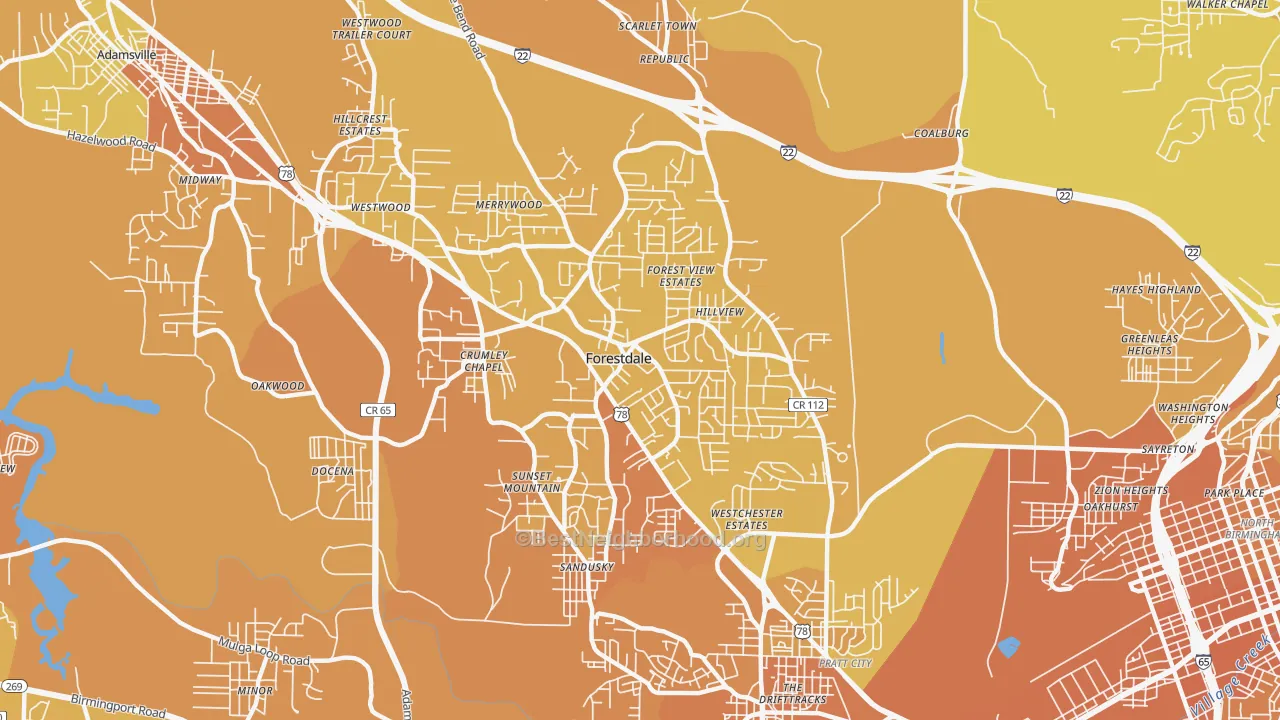 Map of the best neighborhoods in the Forestdale area, with better matches in green and worse matches in red