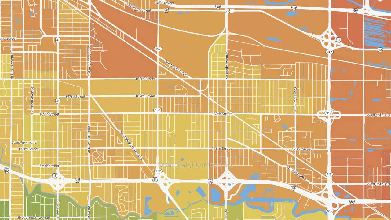 Map of the best neighborhoods in the Forestdale, Hammond area, with better matches in green and worse matches in red