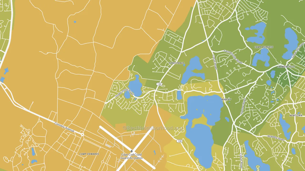 Map of the best neighborhoods in the Forestdale area, with better matches in green and worse matches in red