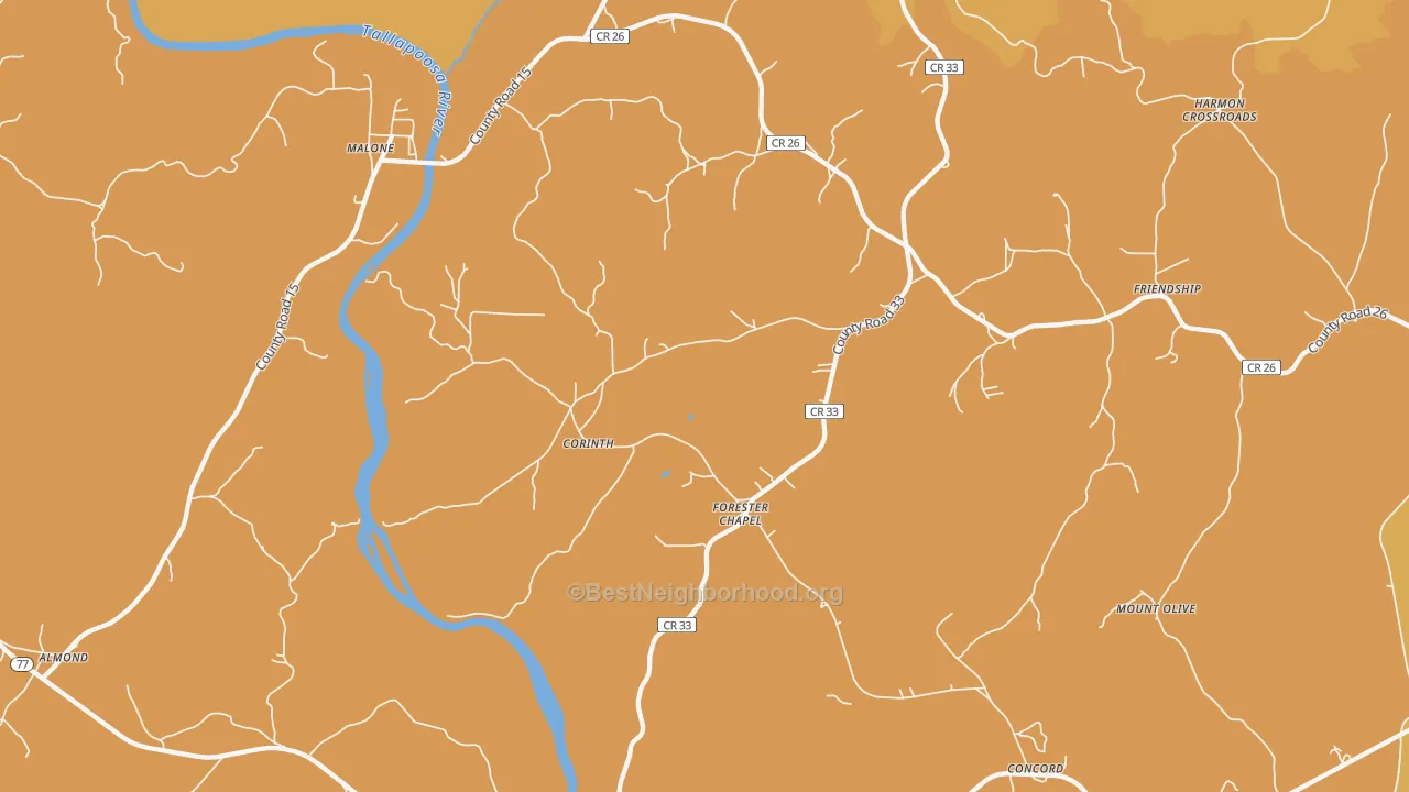 Map of the best neighborhoods in the Forester Chapel area, with better matches in green and worse matches in red