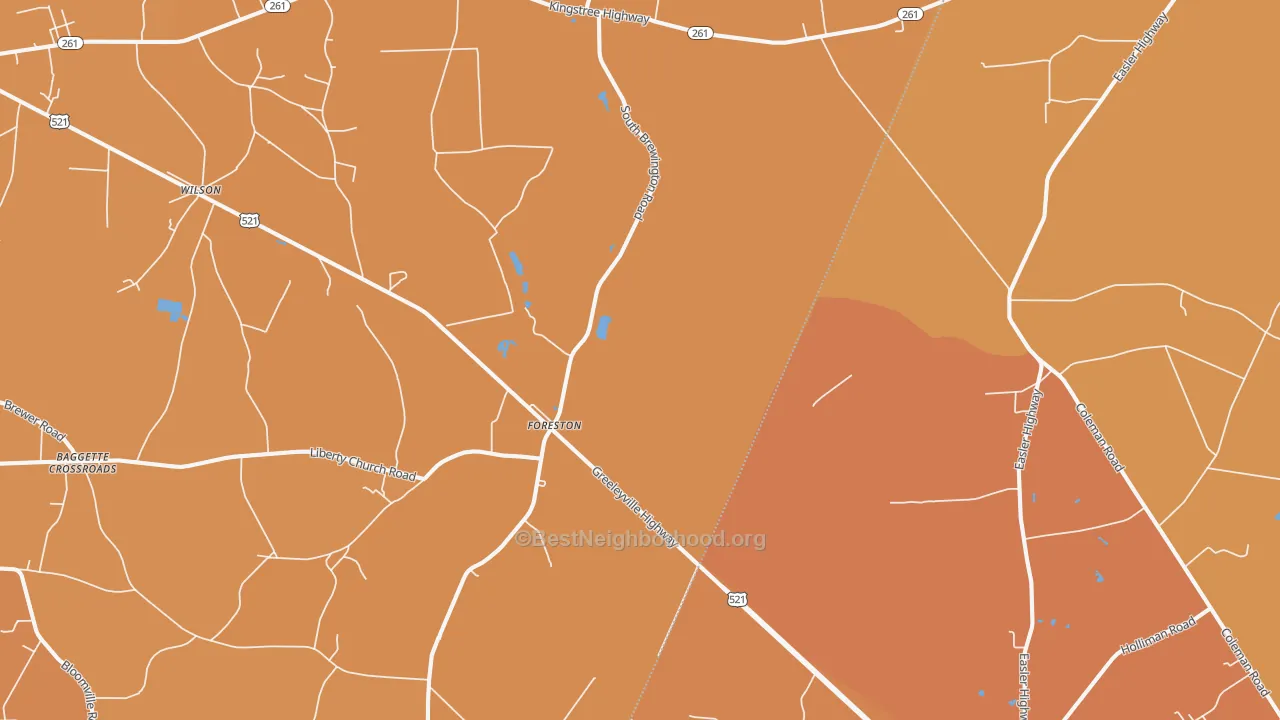 Map of the best neighborhoods in the Foreston area, with better matches in green and worse matches in red