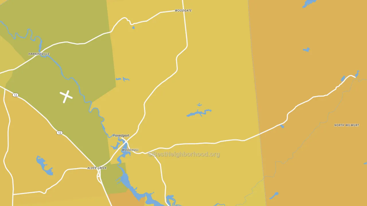 Map of the best neighborhoods in the Forestport area, with better matches in green and worse matches in red