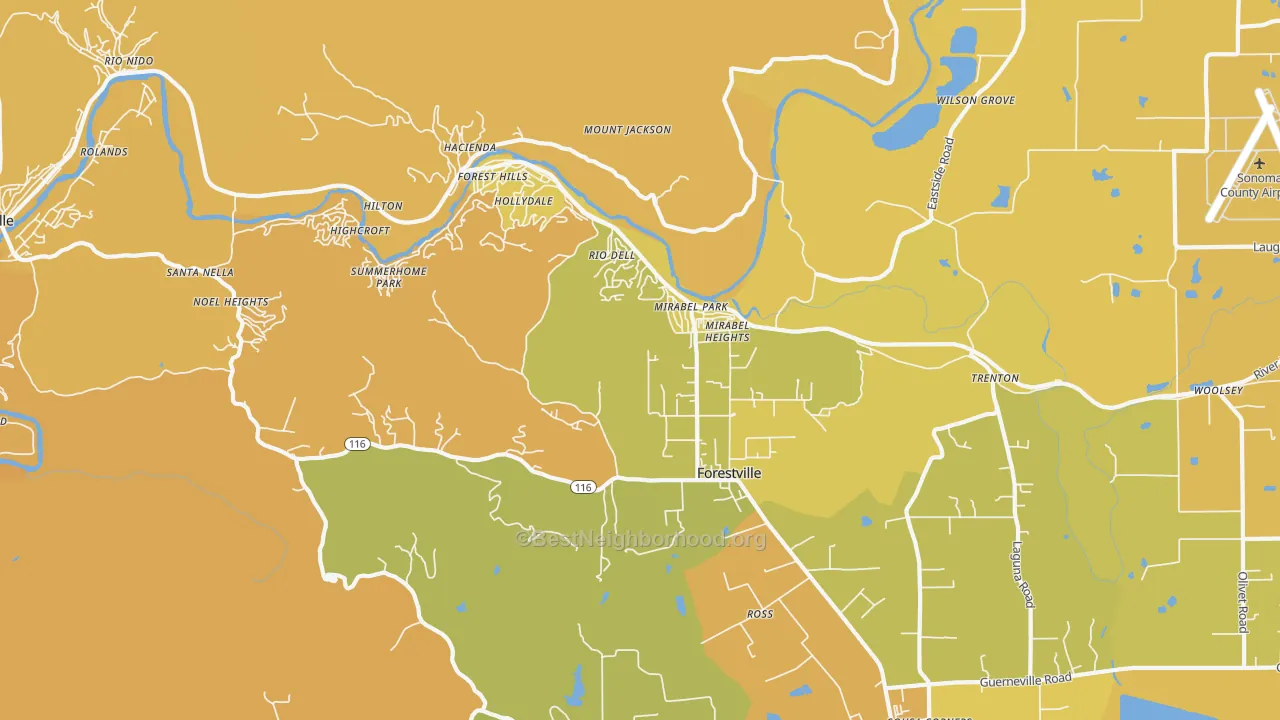 Map of the best neighborhoods in the Forestville area, with better matches in green and worse matches in red