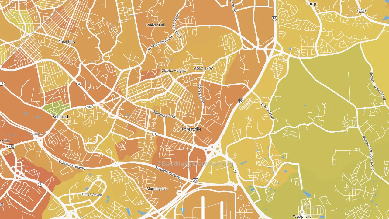 Map of the best neighborhoods in the Forestville area, with better matches in green and worse matches in red