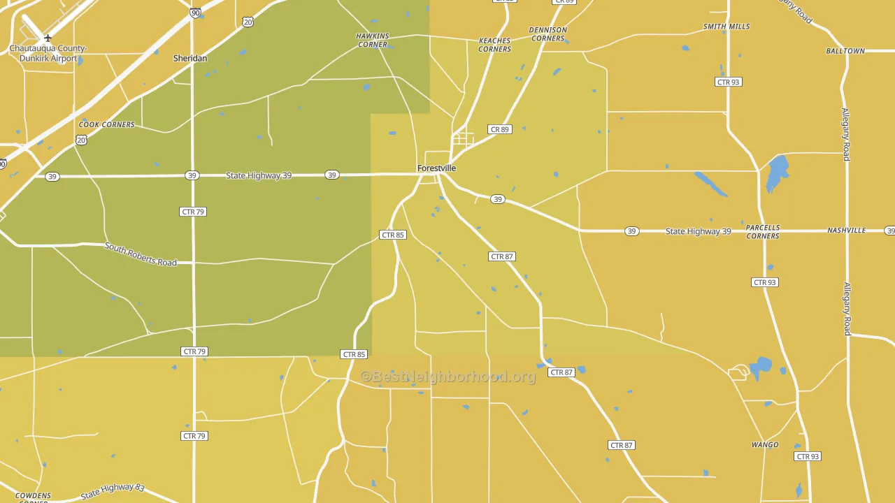 Map of the best neighborhoods in the Forestville area, with better matches in green and worse matches in red
