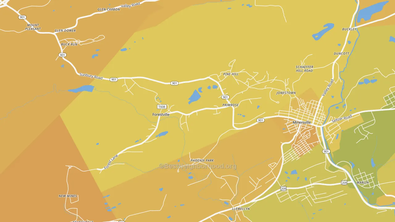 Map of the best neighborhoods in the Forestville area, with better matches in green and worse matches in red