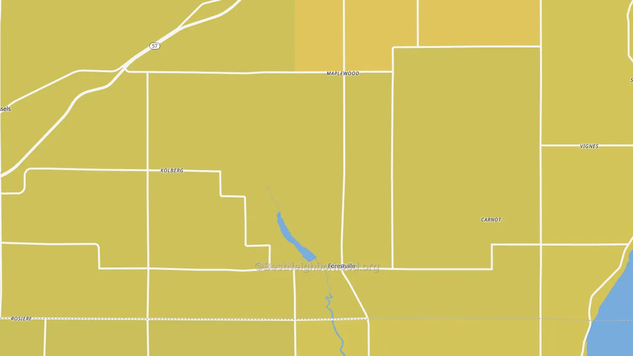 Map of the best neighborhoods in the Forestville area, with better matches in green and worse matches in red