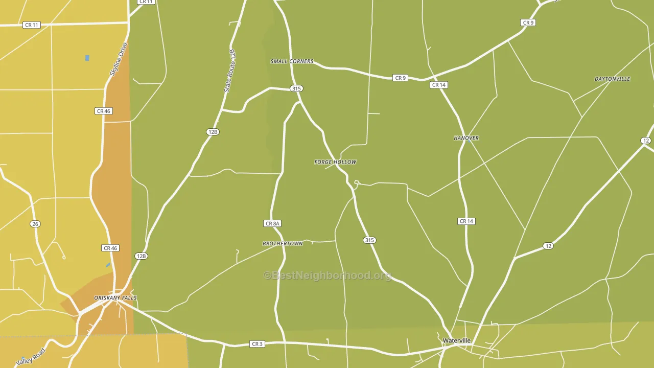 Map of the best neighborhoods in the Forge Hollow area, with better matches in green and worse matches in red