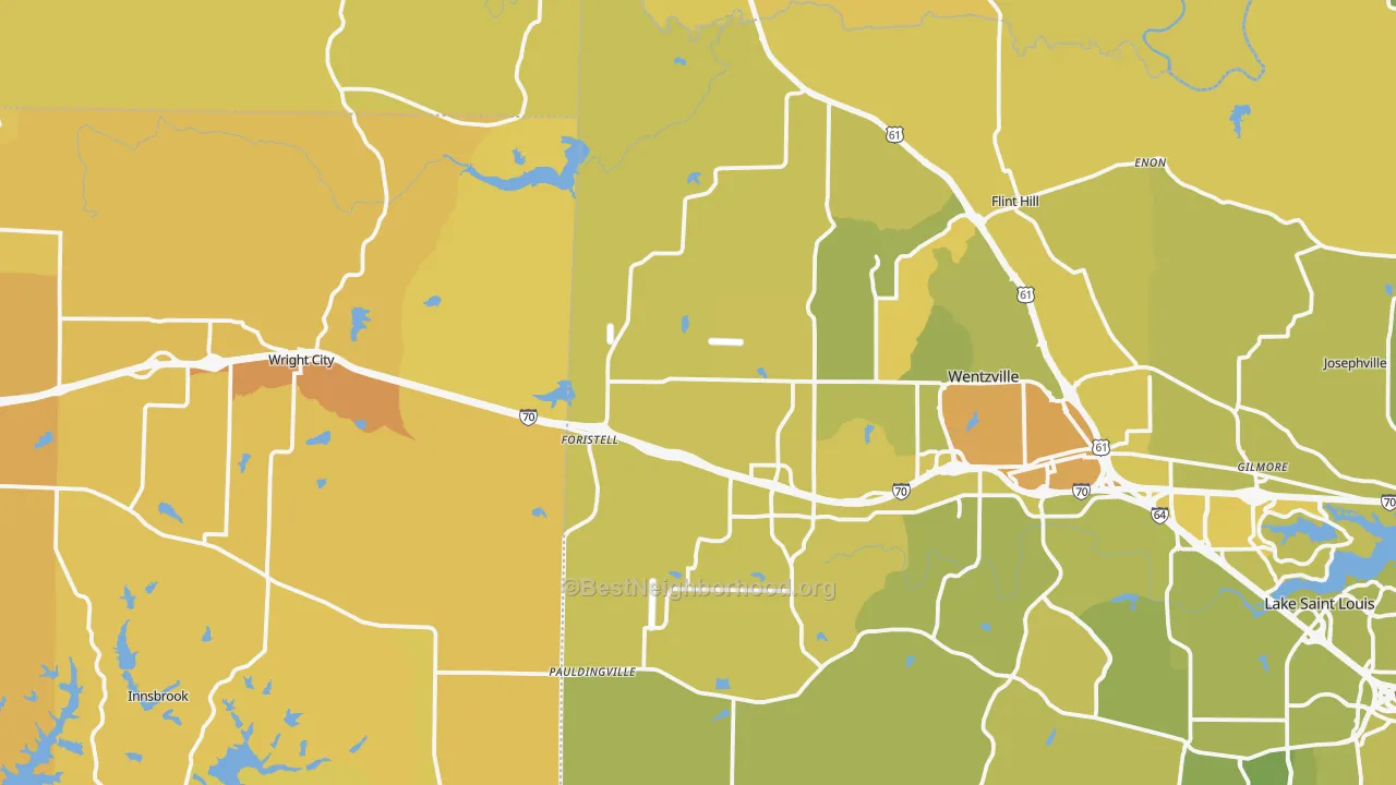 Map of the best neighborhoods in the Foristell area, with better matches in green and worse matches in red
