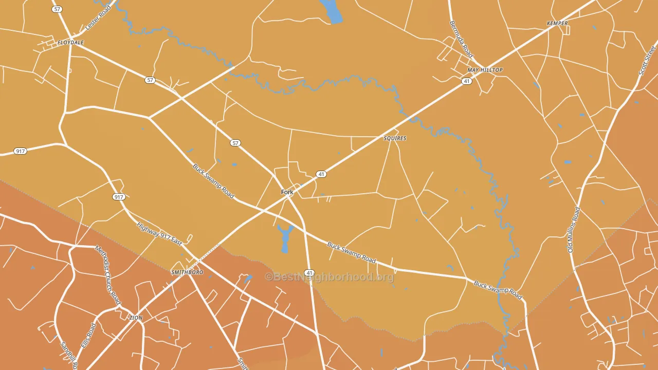 Map of the best neighborhoods in the Fork area, with better matches in green and worse matches in red