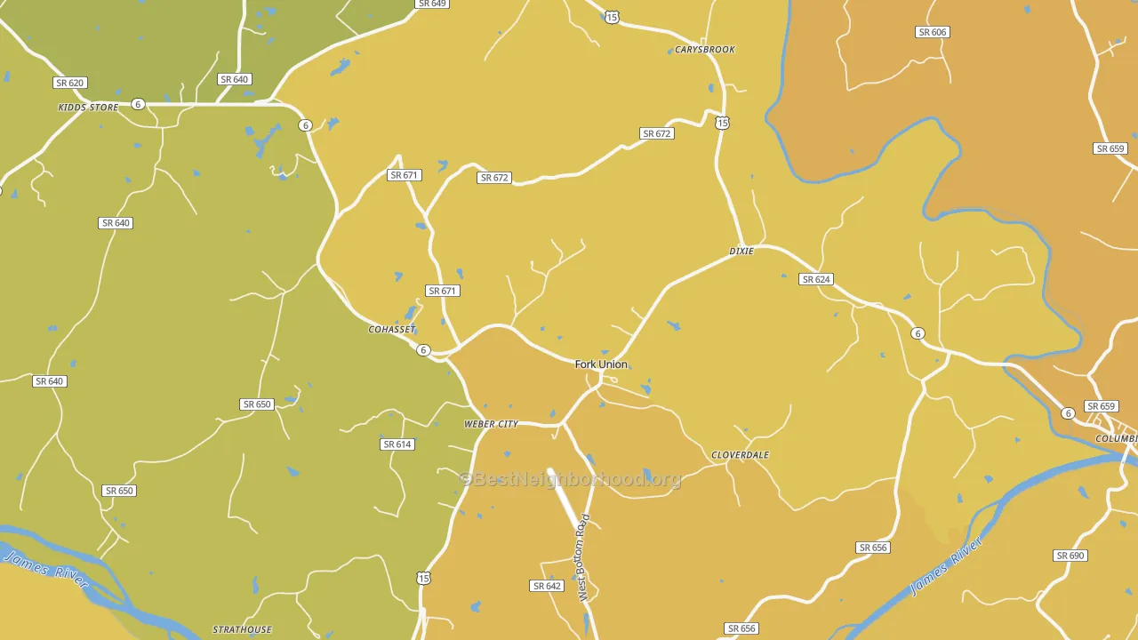Map of the best neighborhoods in the Fork Union area, with better matches in green and worse matches in red