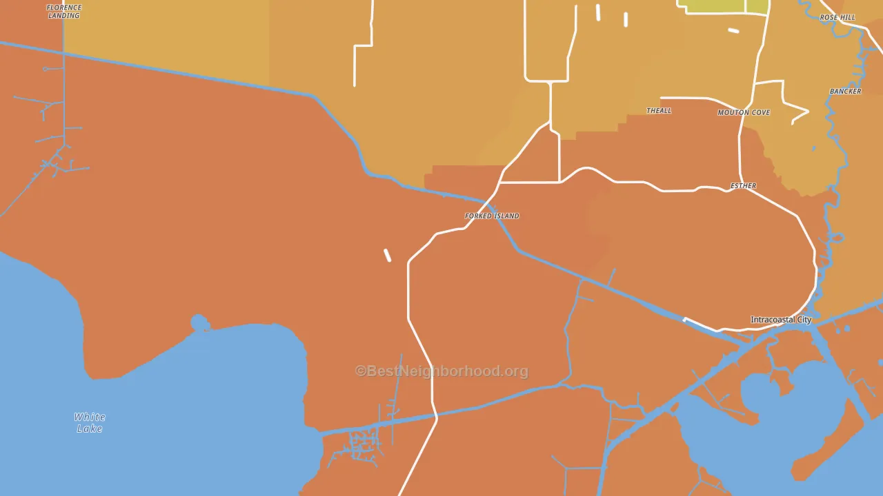 Map of the best neighborhoods in the Forked Island area, with better matches in green and worse matches in red