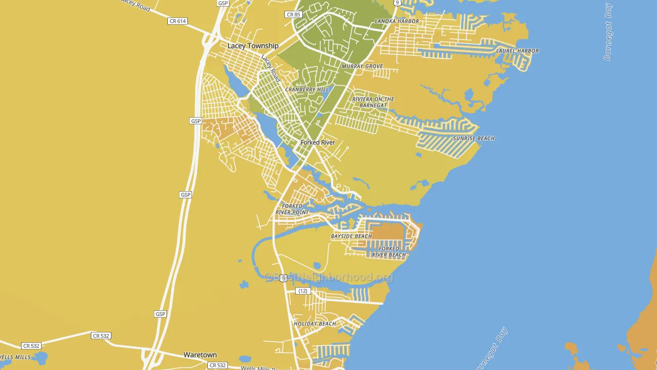 Map of the best neighborhoods in the Forked River Beach area, with better matches in green and worse matches in red