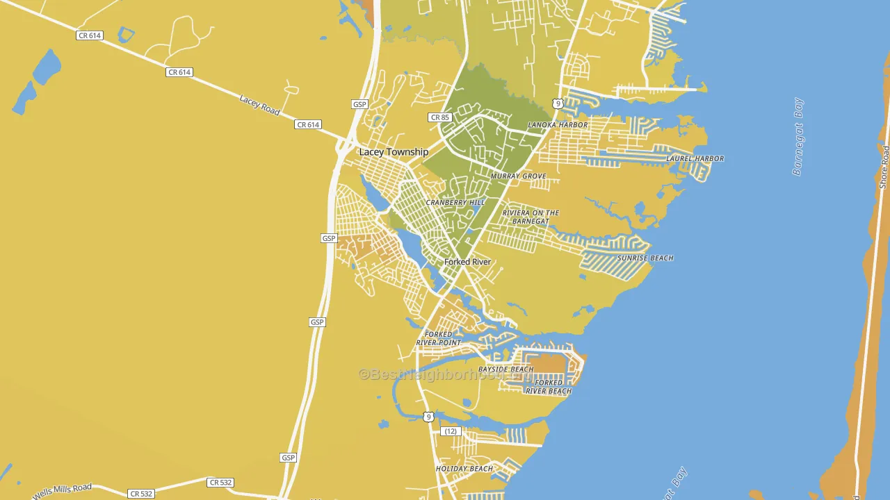Map of the best neighborhoods in the Forked River area, with better matches in green and worse matches in red