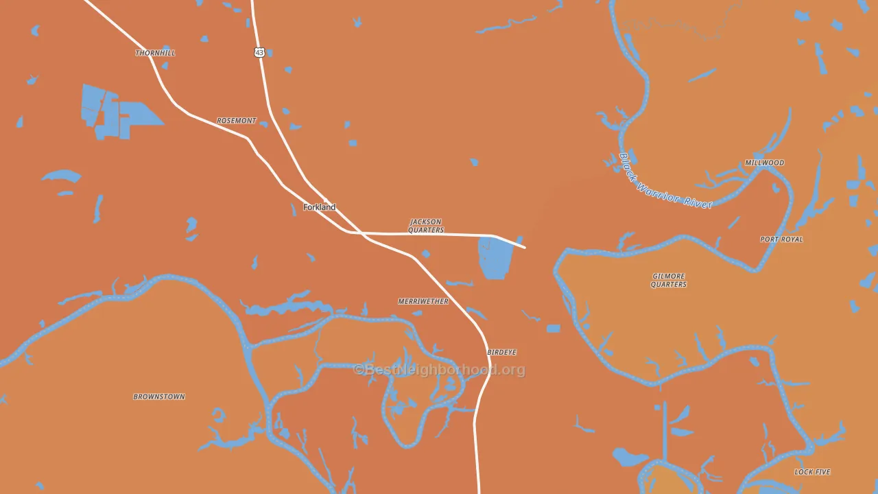 Map of the best neighborhoods in the Forkland area, with better matches in green and worse matches in red