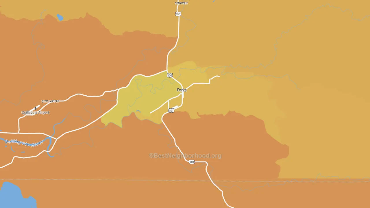 Map of the best neighborhoods in the Forks area, with better matches in green and worse matches in red