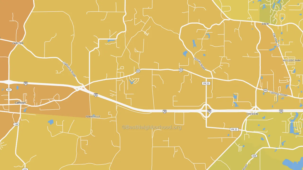 Map of the best neighborhoods in the Forksville area, with better matches in green and worse matches in red