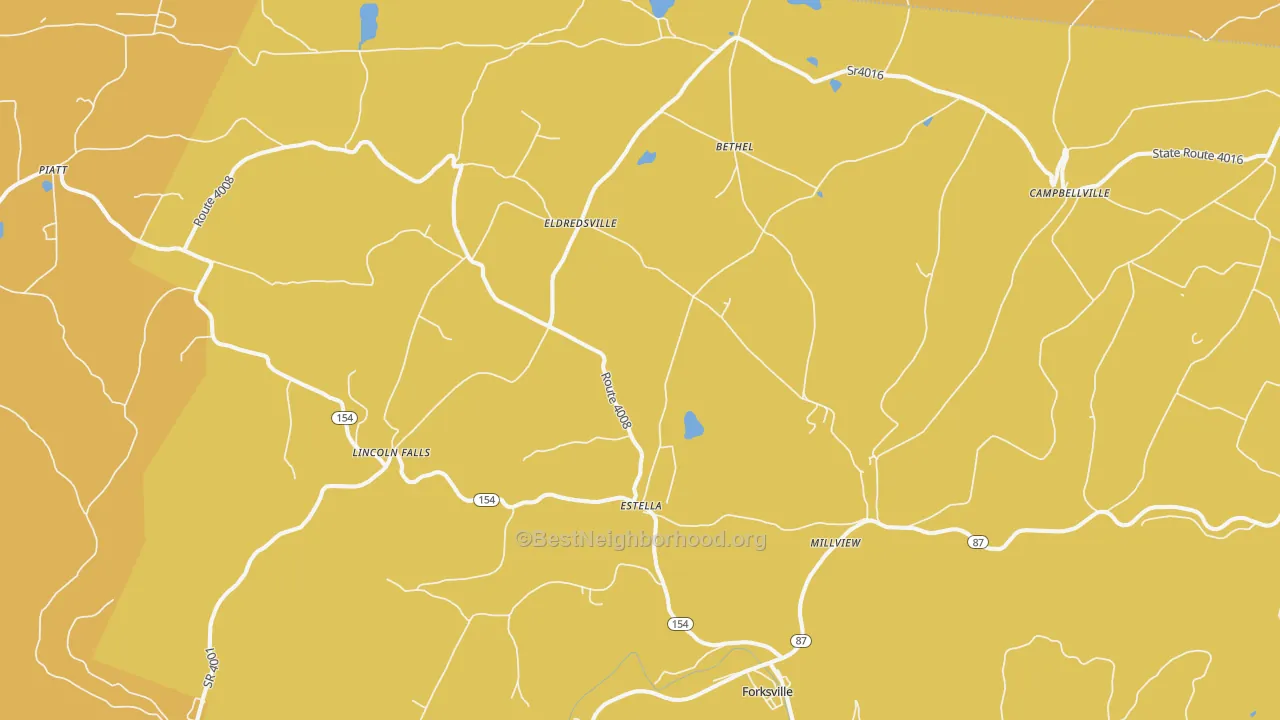 Map of the best neighborhoods in the Forksville area, with better matches in green and worse matches in red