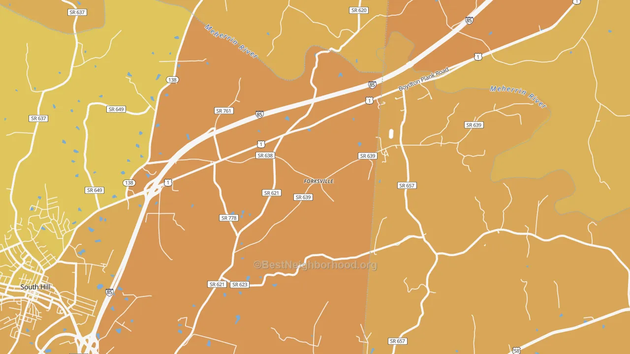 Map of the best neighborhoods in the Forksville area, with better matches in green and worse matches in red