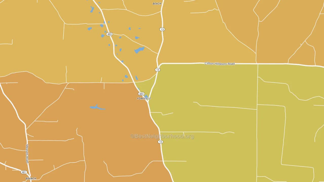 Map of the best neighborhoods in the Forkville area, with better matches in green and worse matches in red