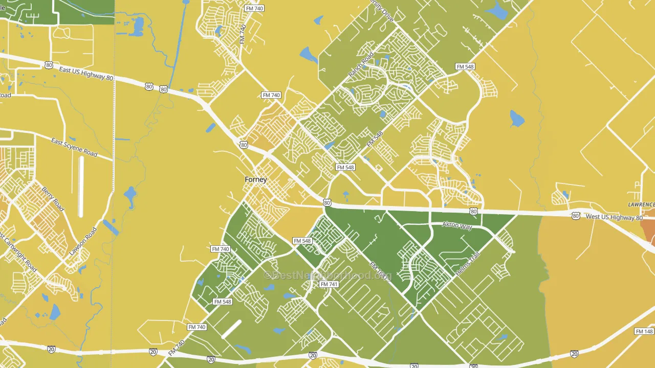 Map of the best neighborhoods in the Forney area, with better matches in green and worse matches in red