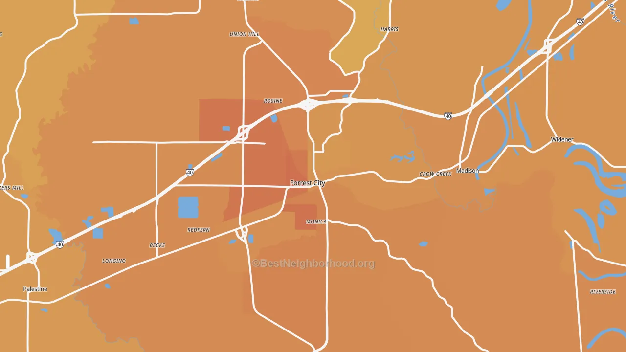 Map of the best neighborhoods in the Forrest City area, with better matches in green and worse matches in red