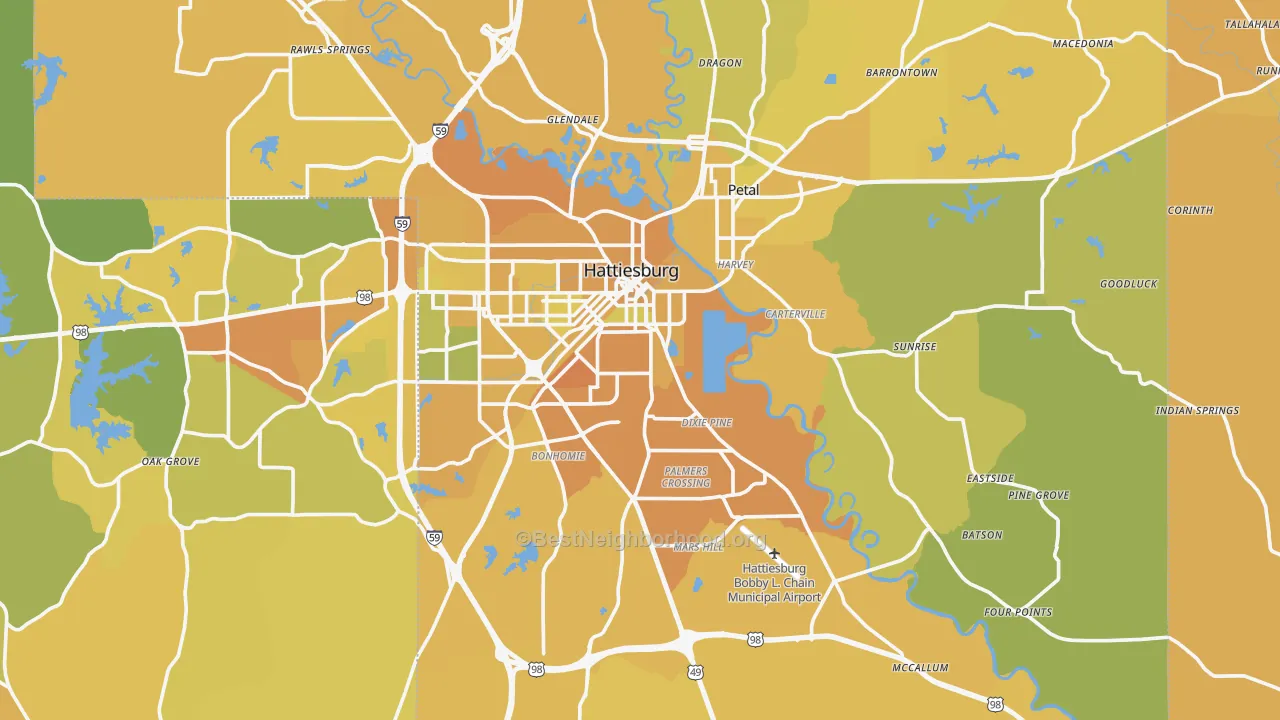 Map of the best neighborhoods in the Forrest County area, with better matches in green and worse matches in red