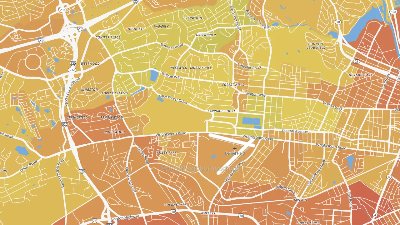 Map of the best neighborhoods in the Forrest Hills, Augusta area, with better matches in green and worse matches in red