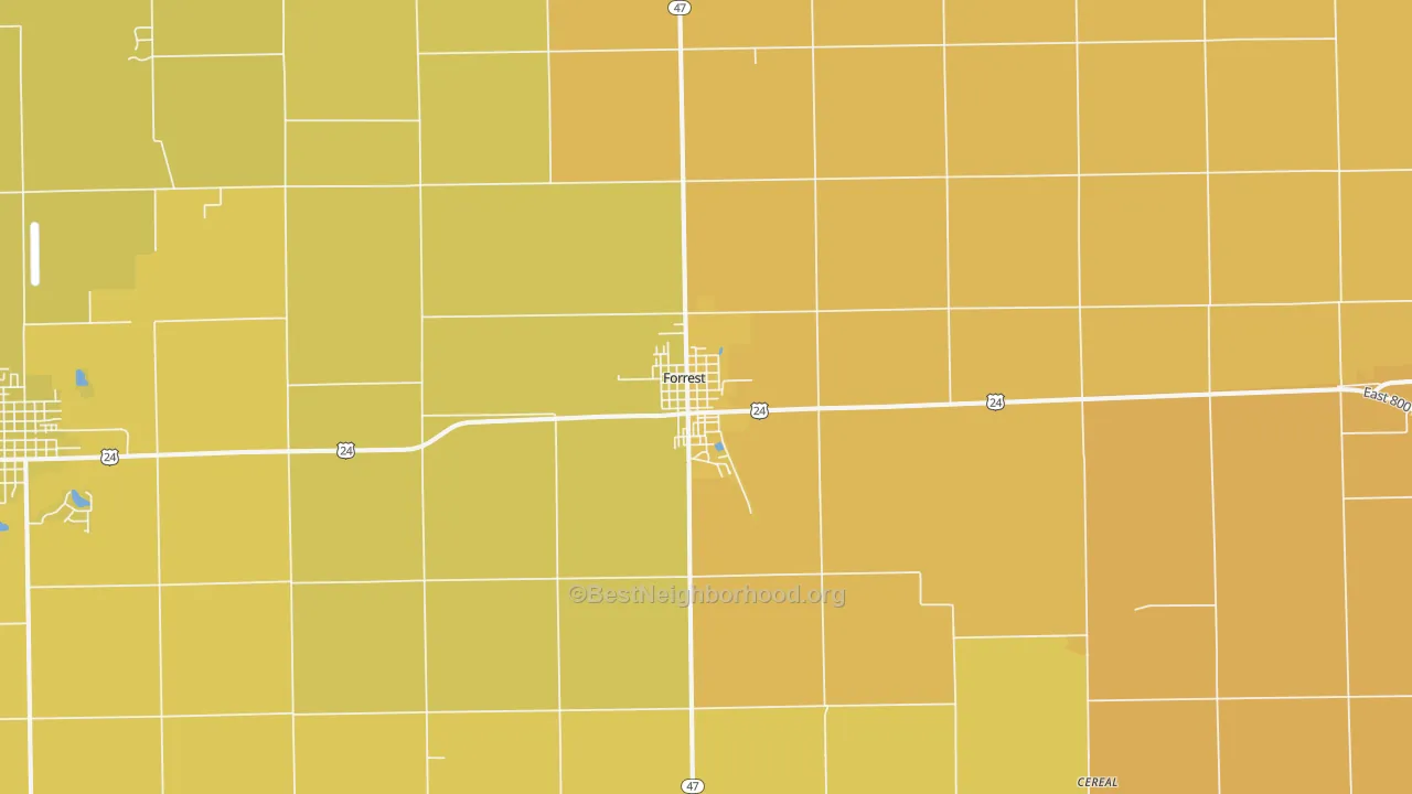 Map of the best neighborhoods in the Forrest area, with better matches in green and worse matches in red