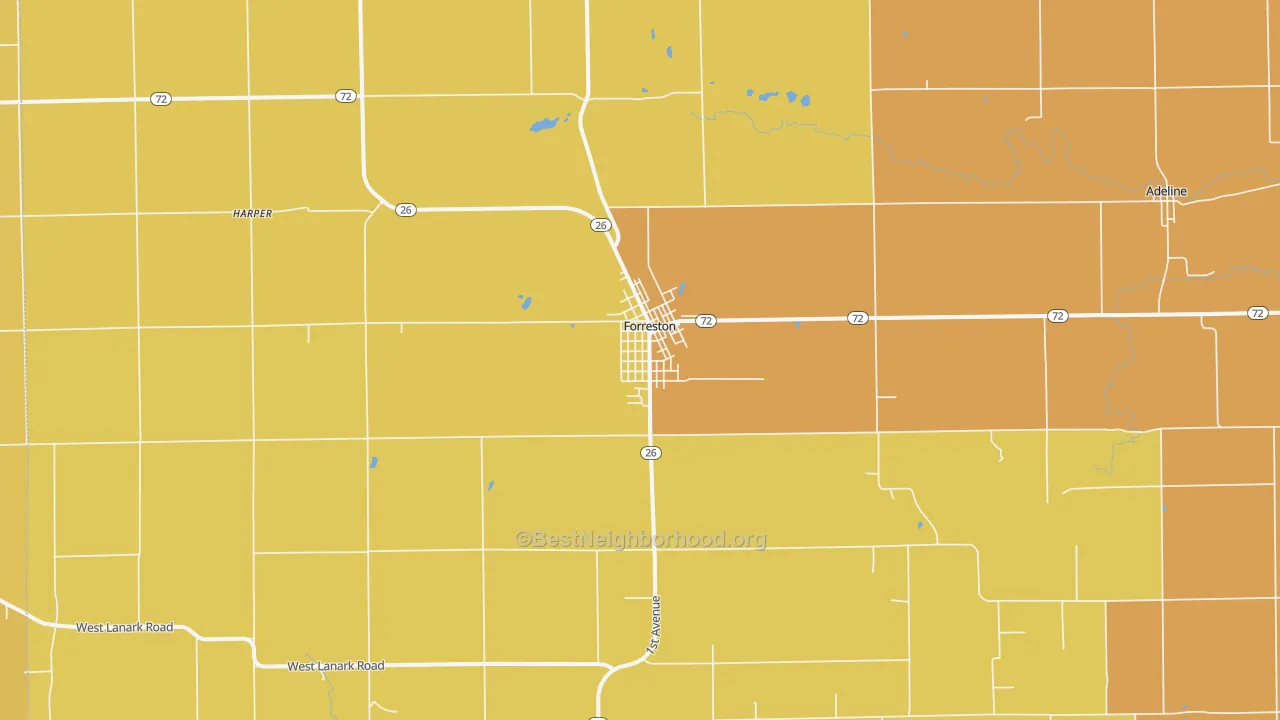 Map of the best neighborhoods in the Forreston area, with better matches in green and worse matches in red