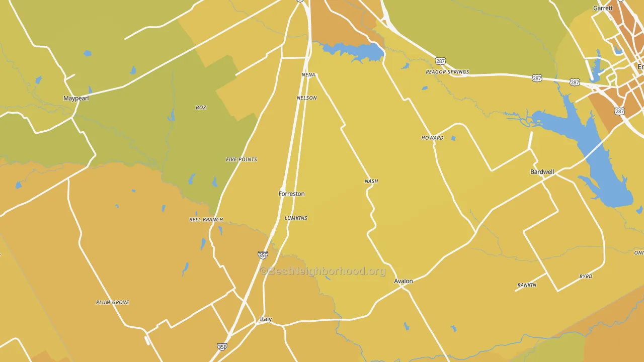 Map of the best neighborhoods in the Forreston area, with better matches in green and worse matches in red