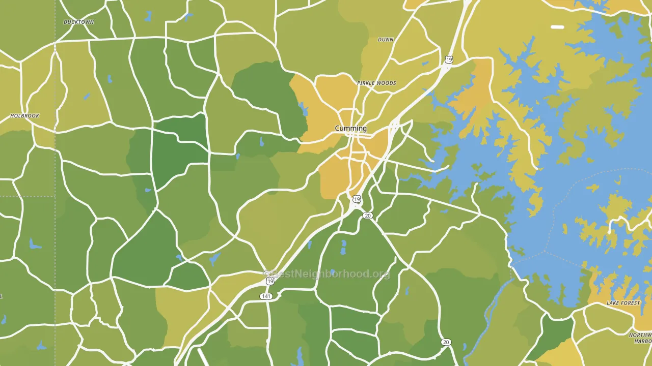 Map of the best neighborhoods in the Forsyth County area, with better matches in green and worse matches in red