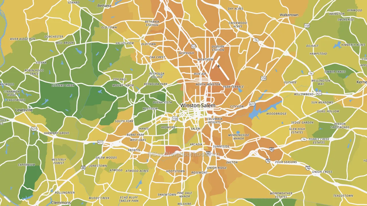 Map of the best neighborhoods in the Forsyth County area, with better matches in green and worse matches in red