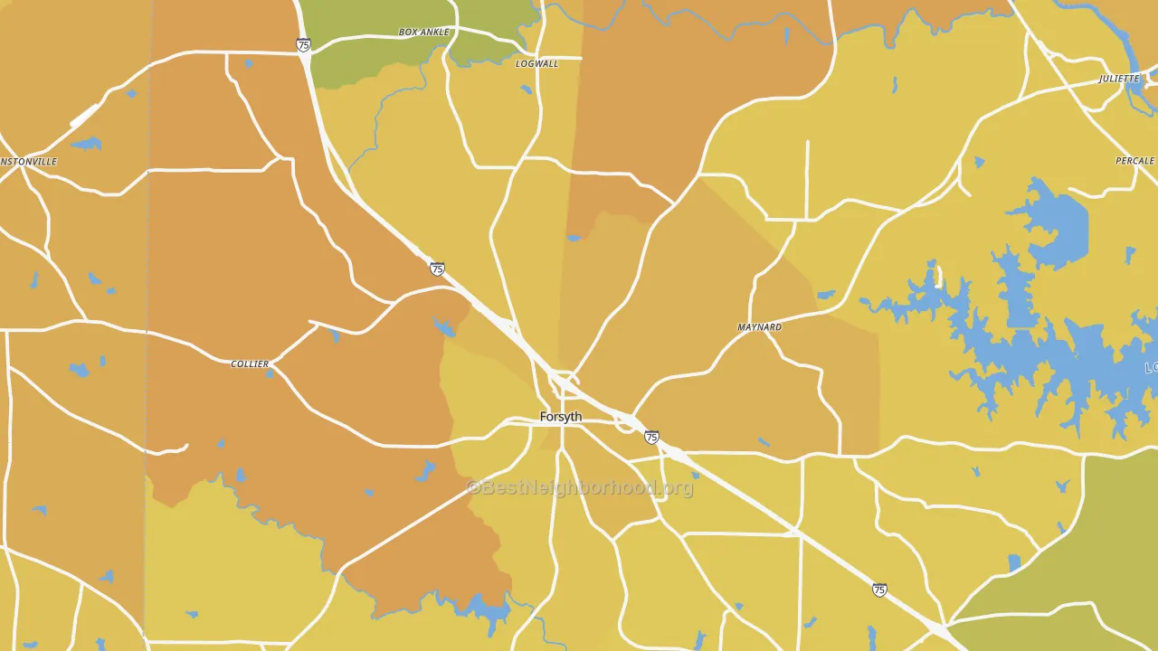 Map of the best neighborhoods in the Forsyth area, with better matches in green and worse matches in red
