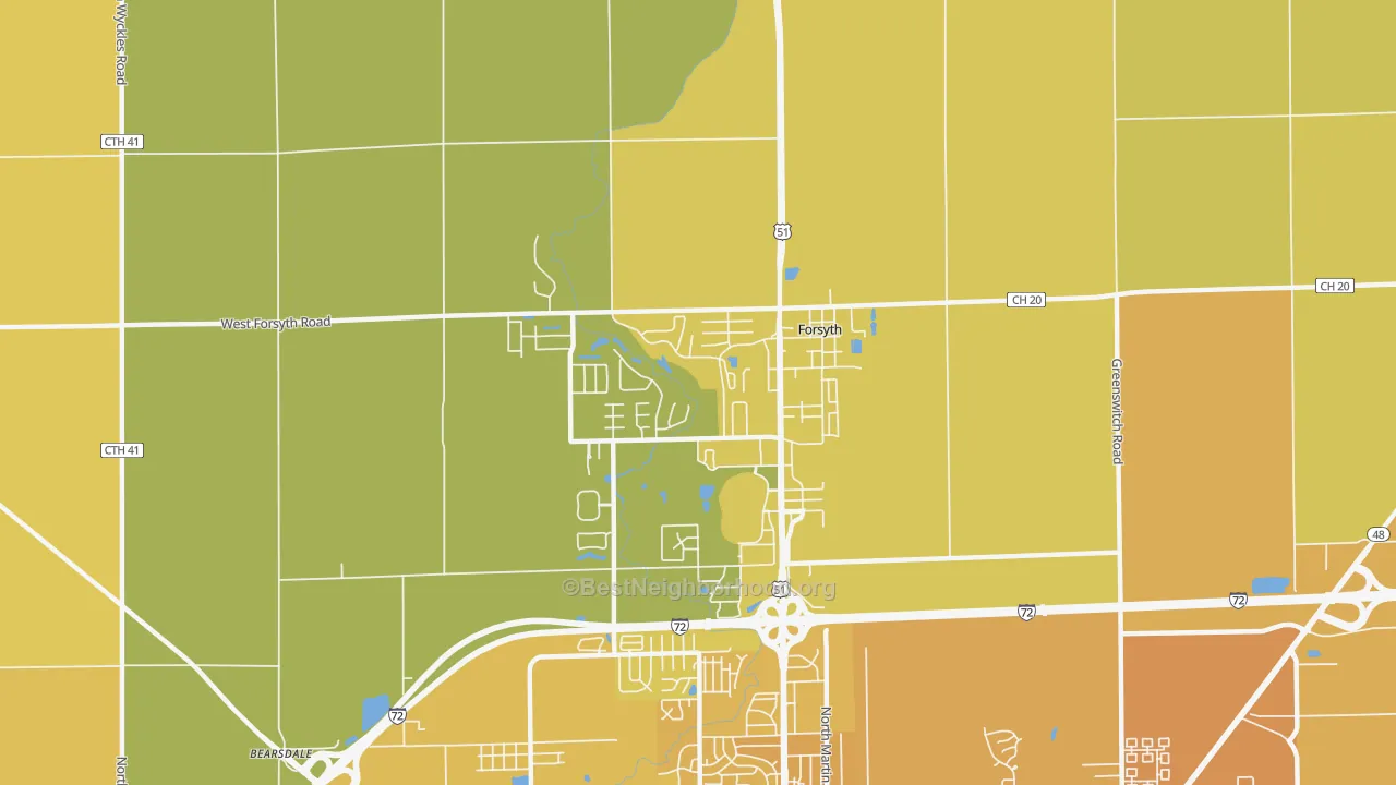 Map of the best neighborhoods in the Forsyth area, with better matches in green and worse matches in red