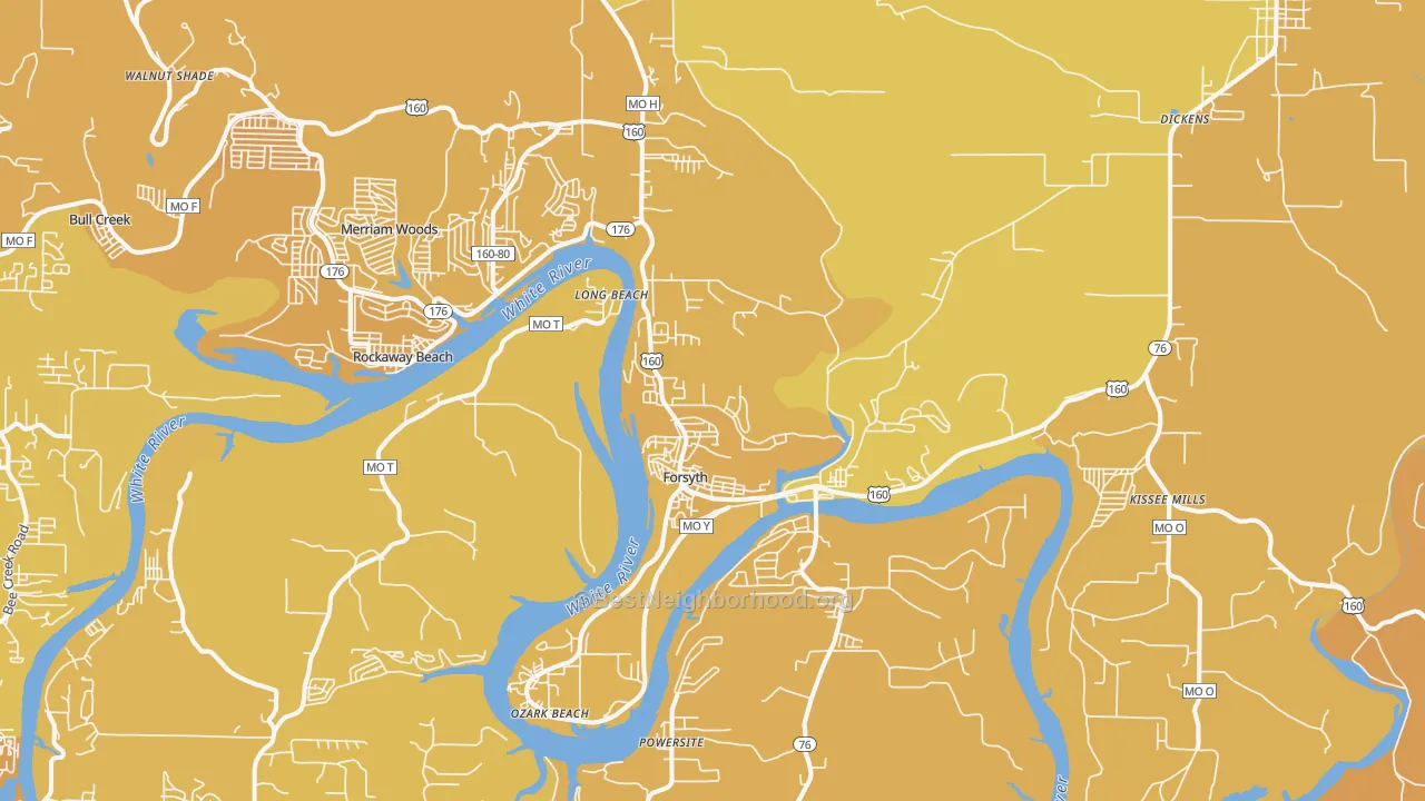Map of the best neighborhoods in the Forsyth area, with better matches in green and worse matches in red